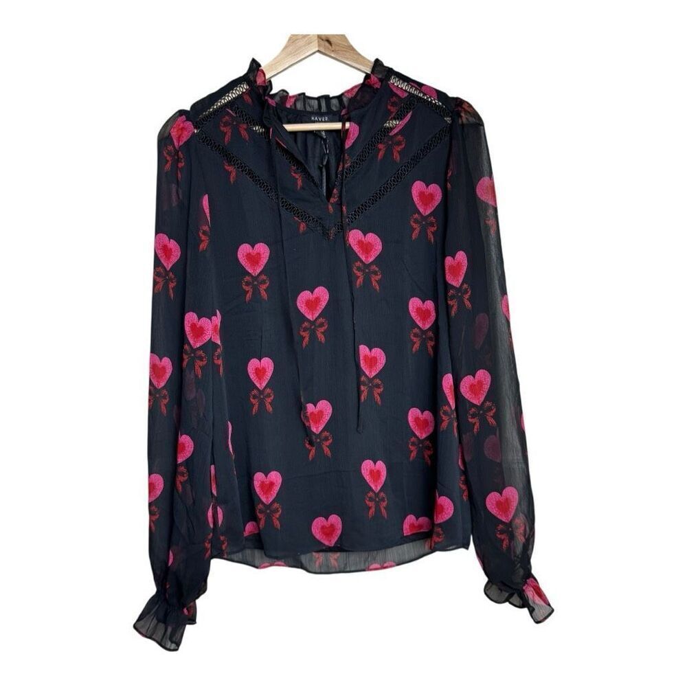 Haver London Black Blouse with Hearts and‎ Bows Print Women's Small petite